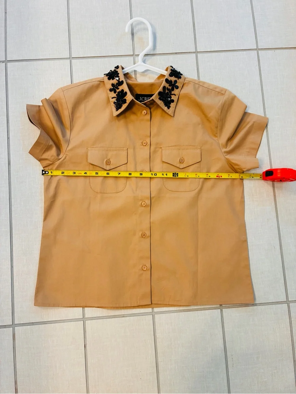 J. Crew Collection Tan Short Sleeve Crop Shirt with Black Beaded Collar 4